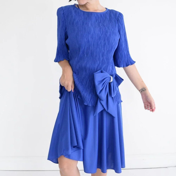 Vintage 80's After Dark Royal Blue Swing Dress with Bow 9/10 - Picture 3 of 15